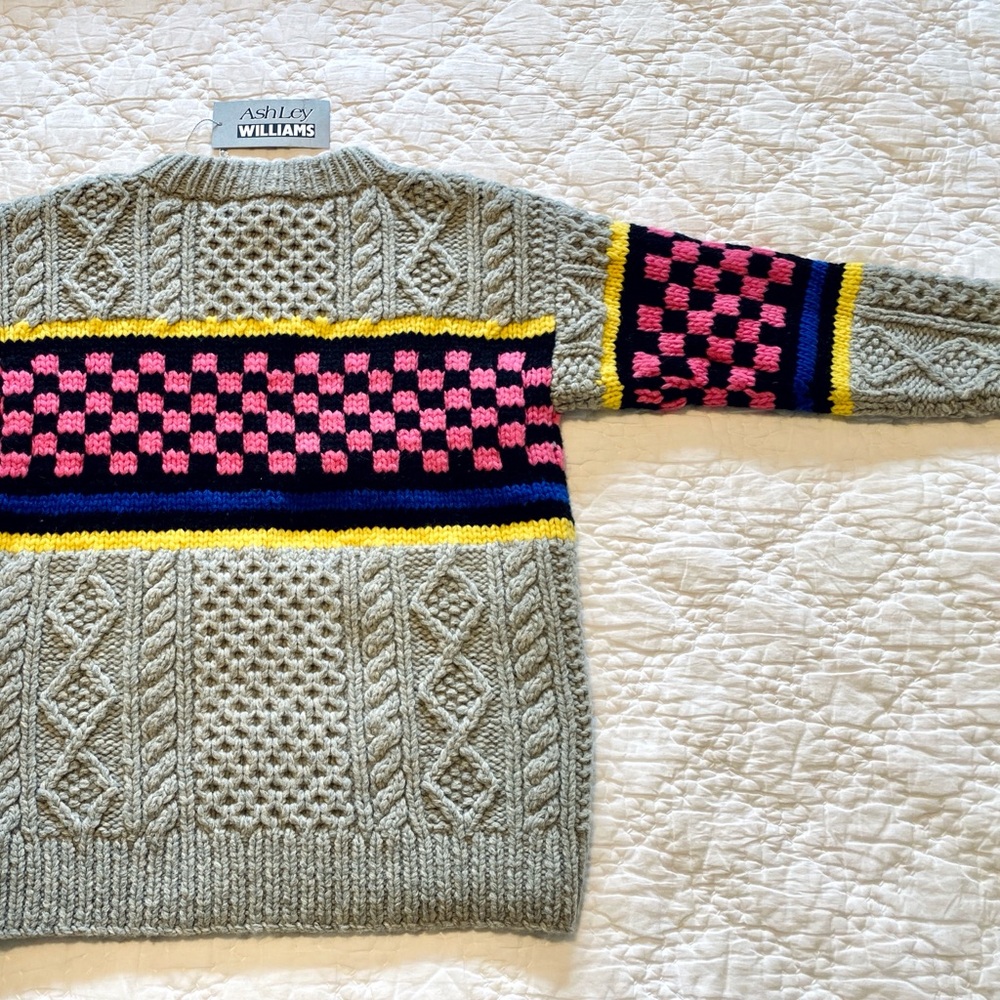 NWT XS ASHLEY WILLIAMS CHECKERBOARD Chunky Knit Sweater Jumper Gray Black Cable - Picture 8 of 16
